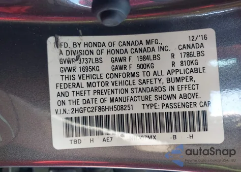 2017 Honda Civic Ex z USA, uszkodzony, nr VIN 2HGFC2F86HH508251